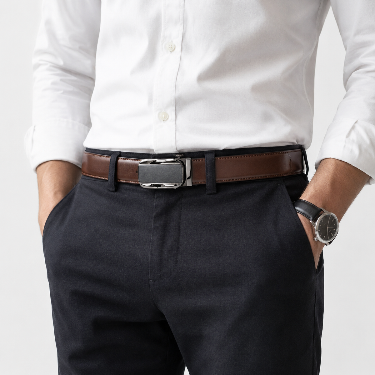 Ceinture À Cliquet En Cuir Véritable Avec Boucle Automatique portée Homme Univers Ceinture