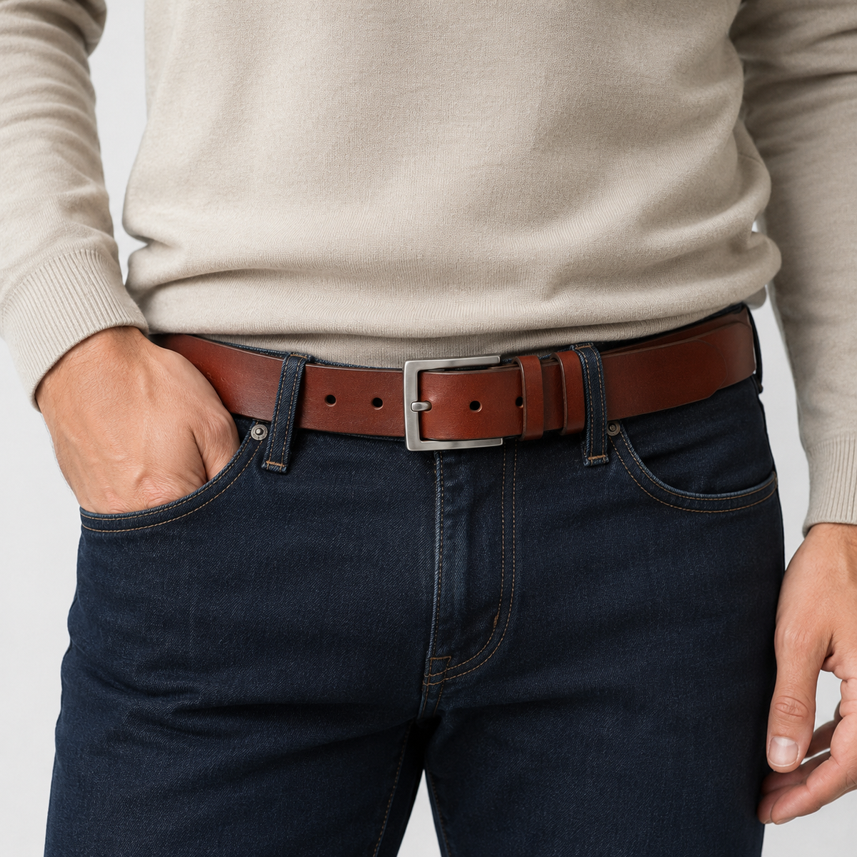 Ceinture Décontractée Marron portée Pour Homme En Cuir De Vachette