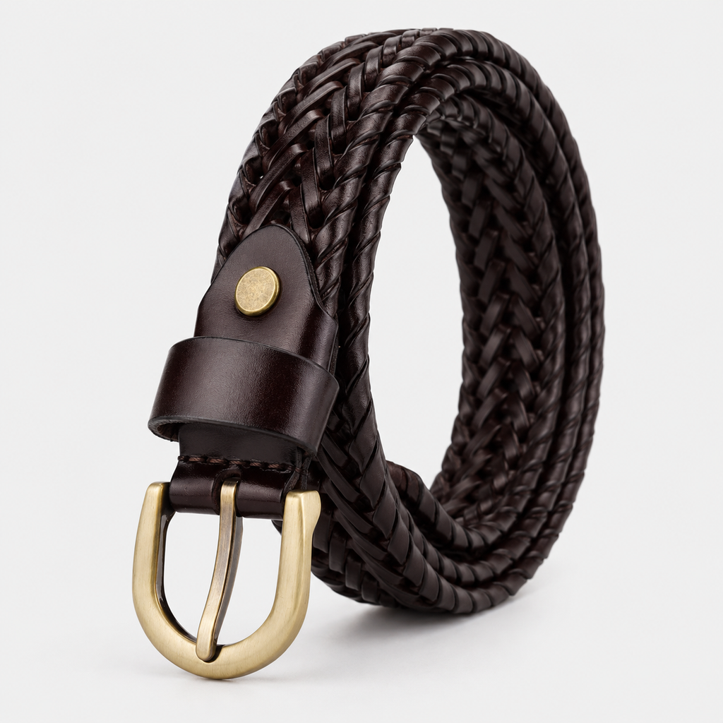 Ceinture En Cuir De Vachette 2.8Cm Tressée Café Femme Univers Ceinture
