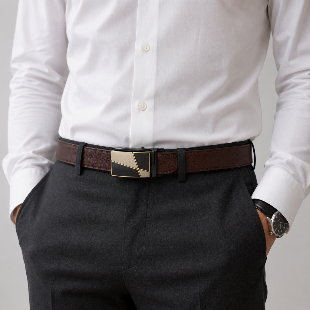 Ceinture En Cuir Marron À Boucle Automatique portée Homme Univers Ceinture