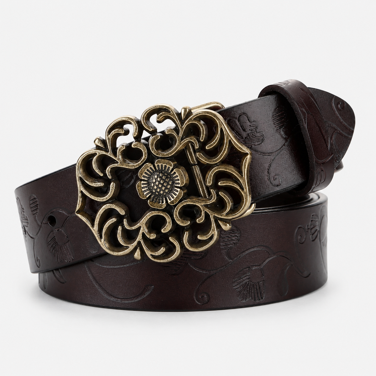 Ceinture En Cuir Véritable Café À Boucle Fleur Évidée Femme Univers Ceinture