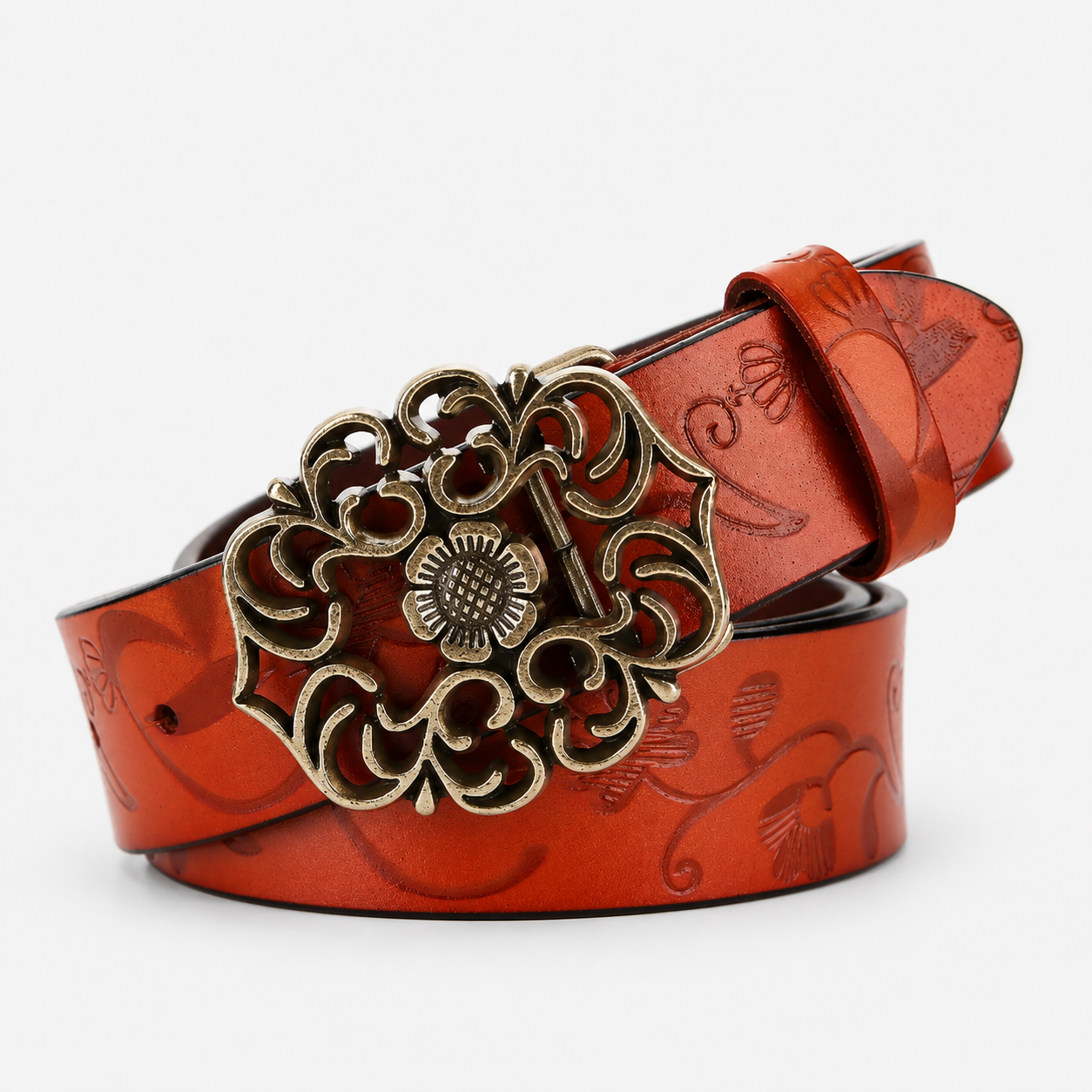 Ceinture En Cuir Véritable Marron À Boucle Fleur Évidée Femme Univers Ceinture