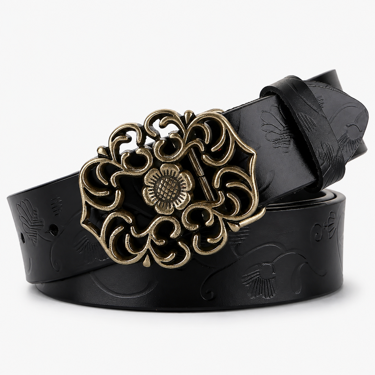 Ceinture En Cuir Véritable Noire À Boucle Fleur Évidée Femme Univers Ceinture