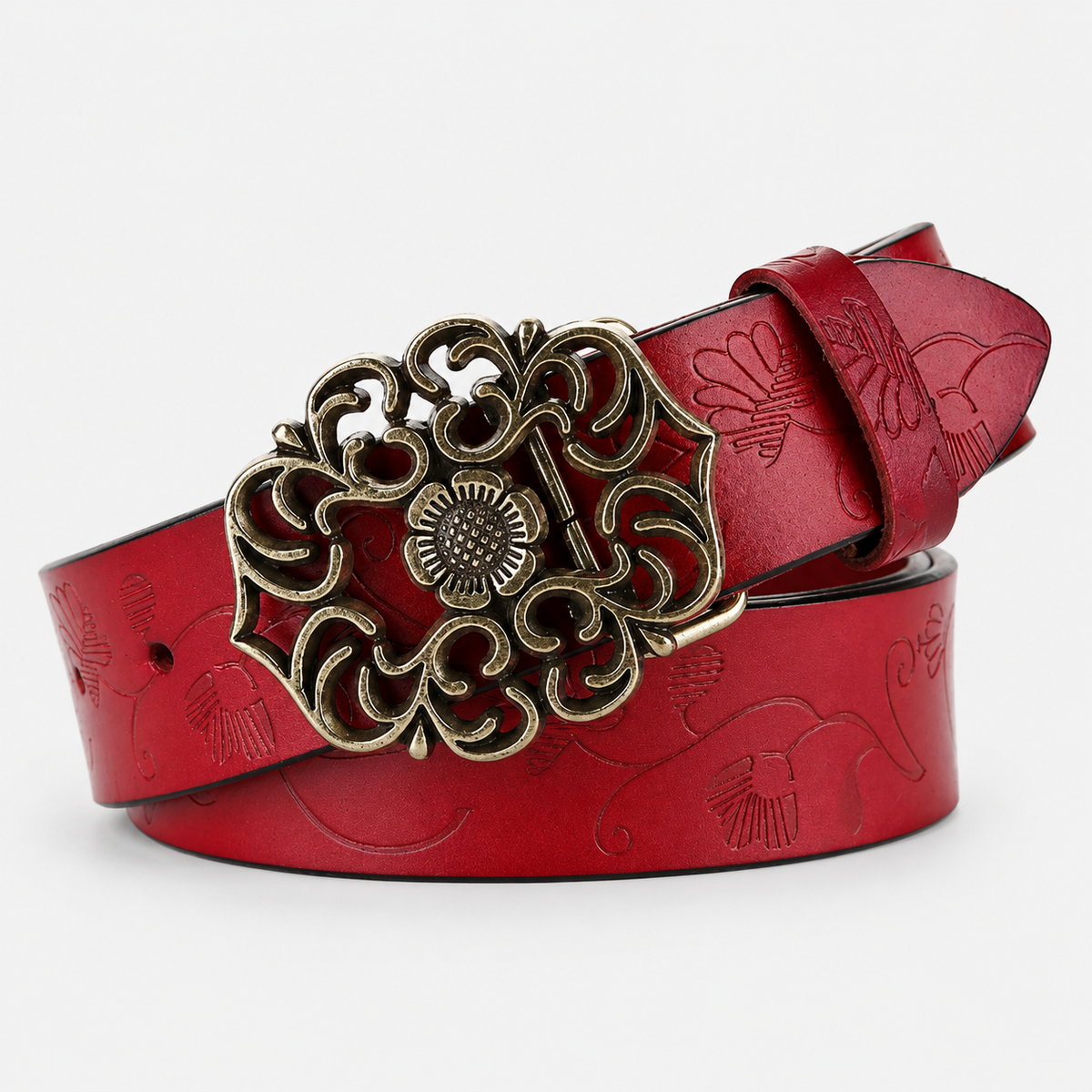 Ceinture En Cuir Véritable Rouge À Boucle Fleur Évidée Femme Univers Ceinture
