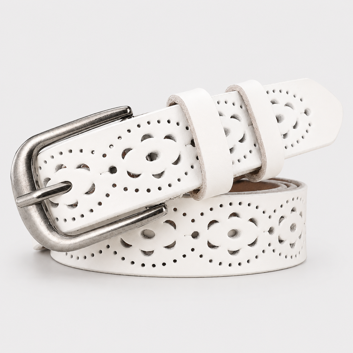 Ceinture Femme En Cuir De Vachette À Fleurs Ajourées Blanche Univers Ceinture