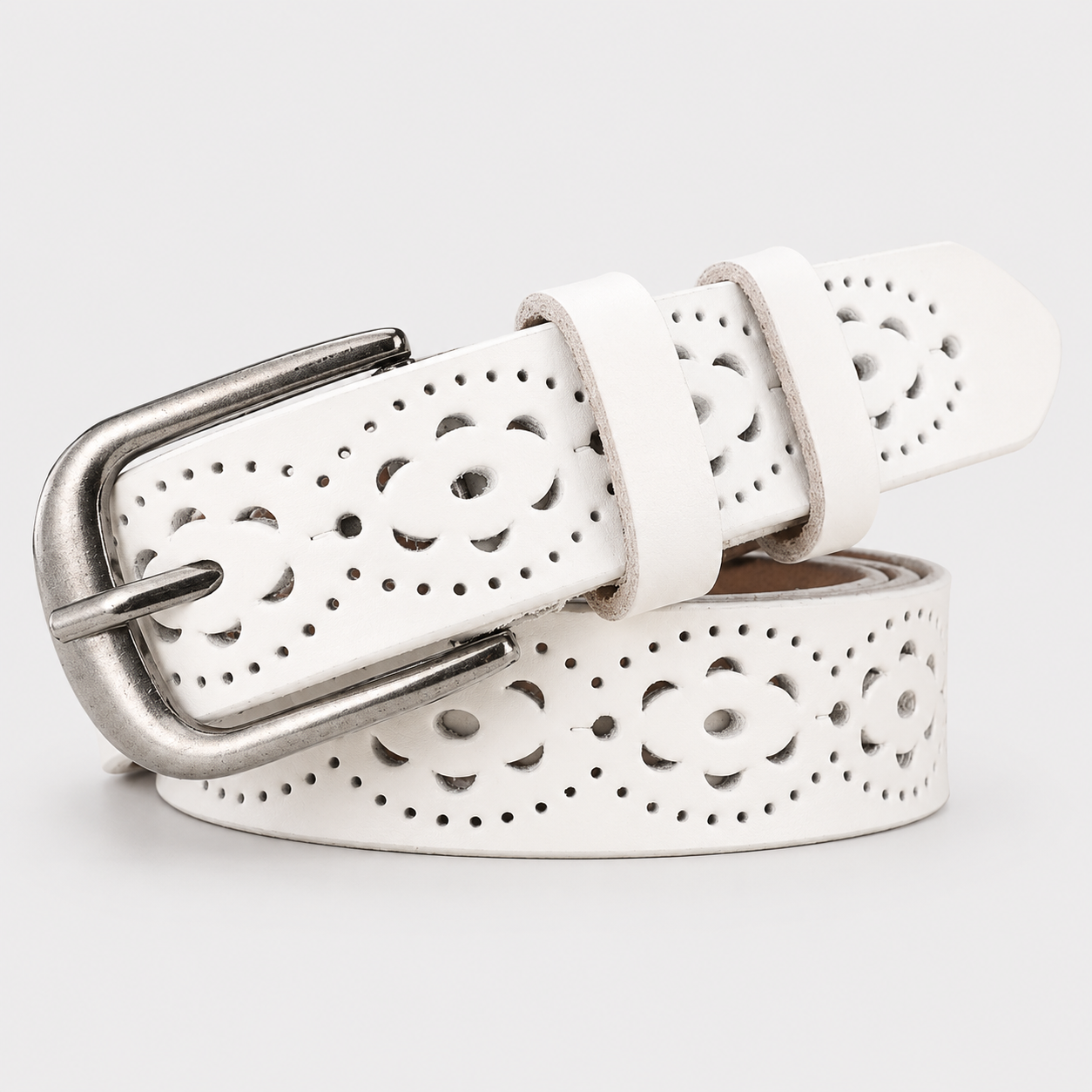 Ceinture Femme En Cuir De Vachette À Fleurs Ajourées Blanche Univers Ceinture