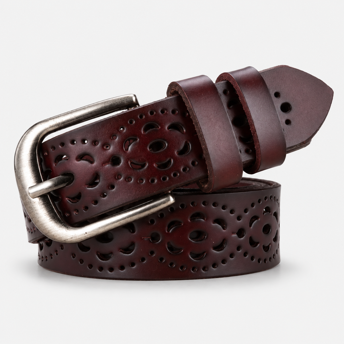 Ceinture Femme En Cuir De Vachette À Fleurs Ajourées Café Univers Ceinture