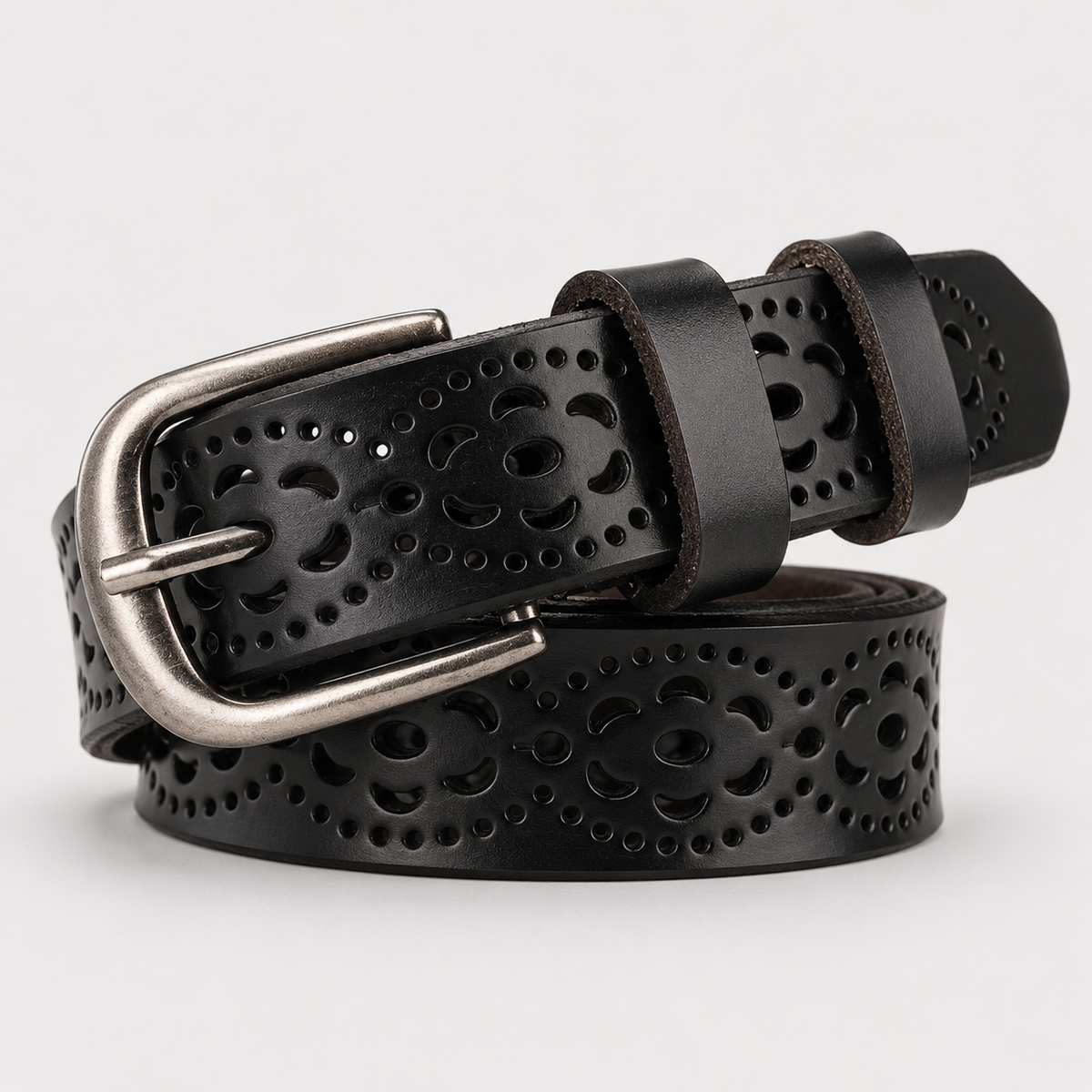 Ceinture Femme En Cuir De Vachette À Fleurs Ajourées Noire Univers Ceinture