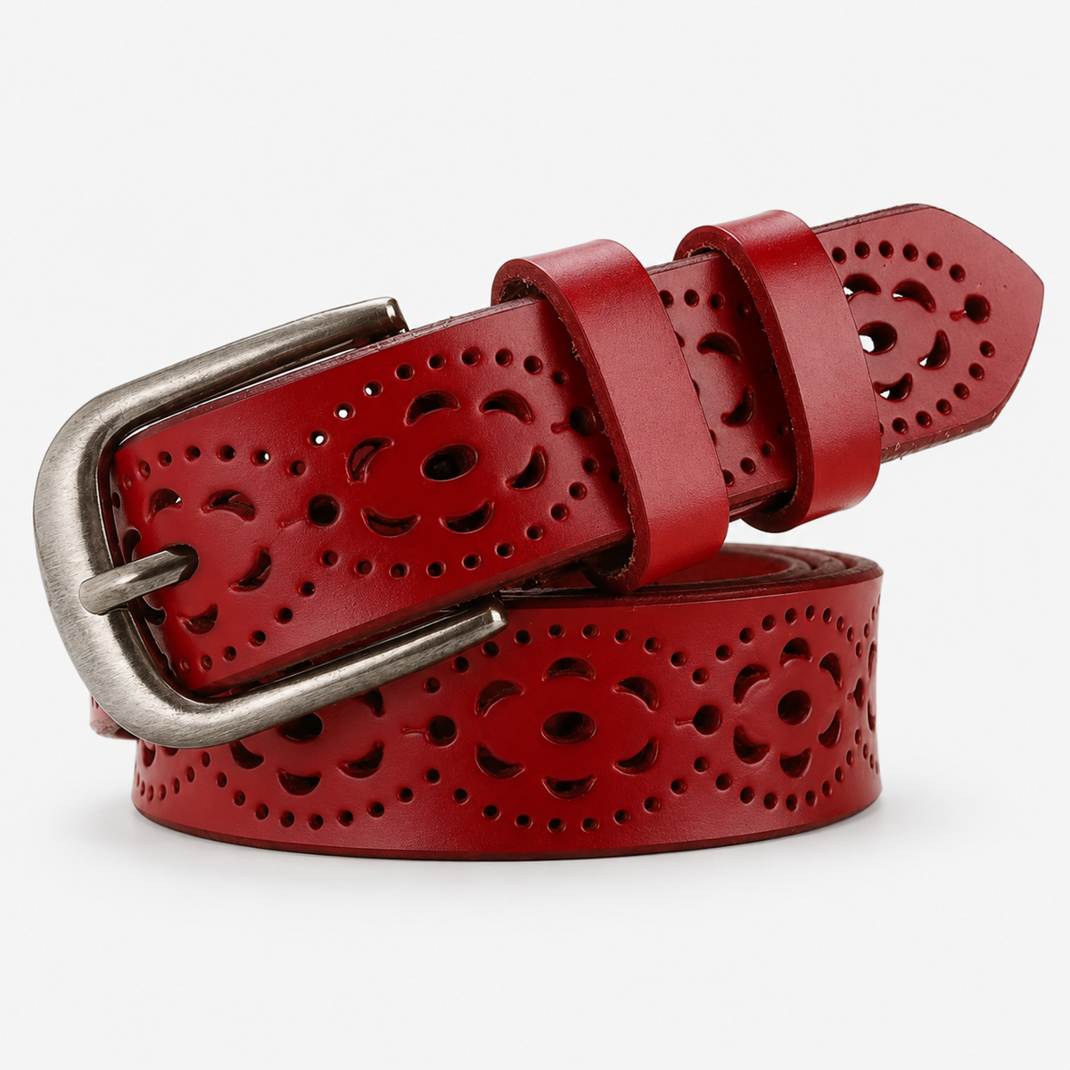 Ceinture Femme En Cuir De Vachette À Fleurs Ajourées Rouge Univers Ceinture