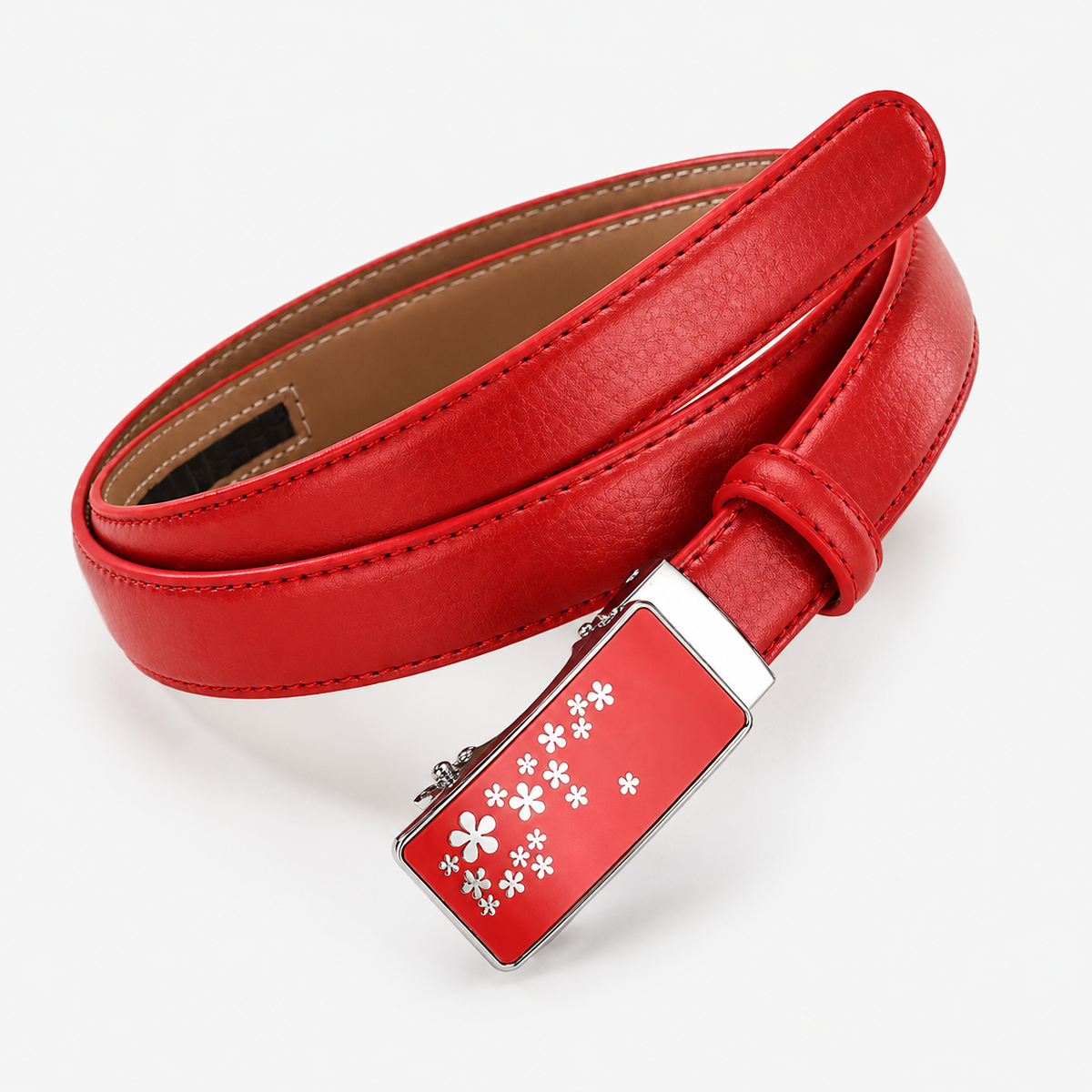 Ceinture Femme Rouge Boucle Automatique En Croûte Univers Ceinture