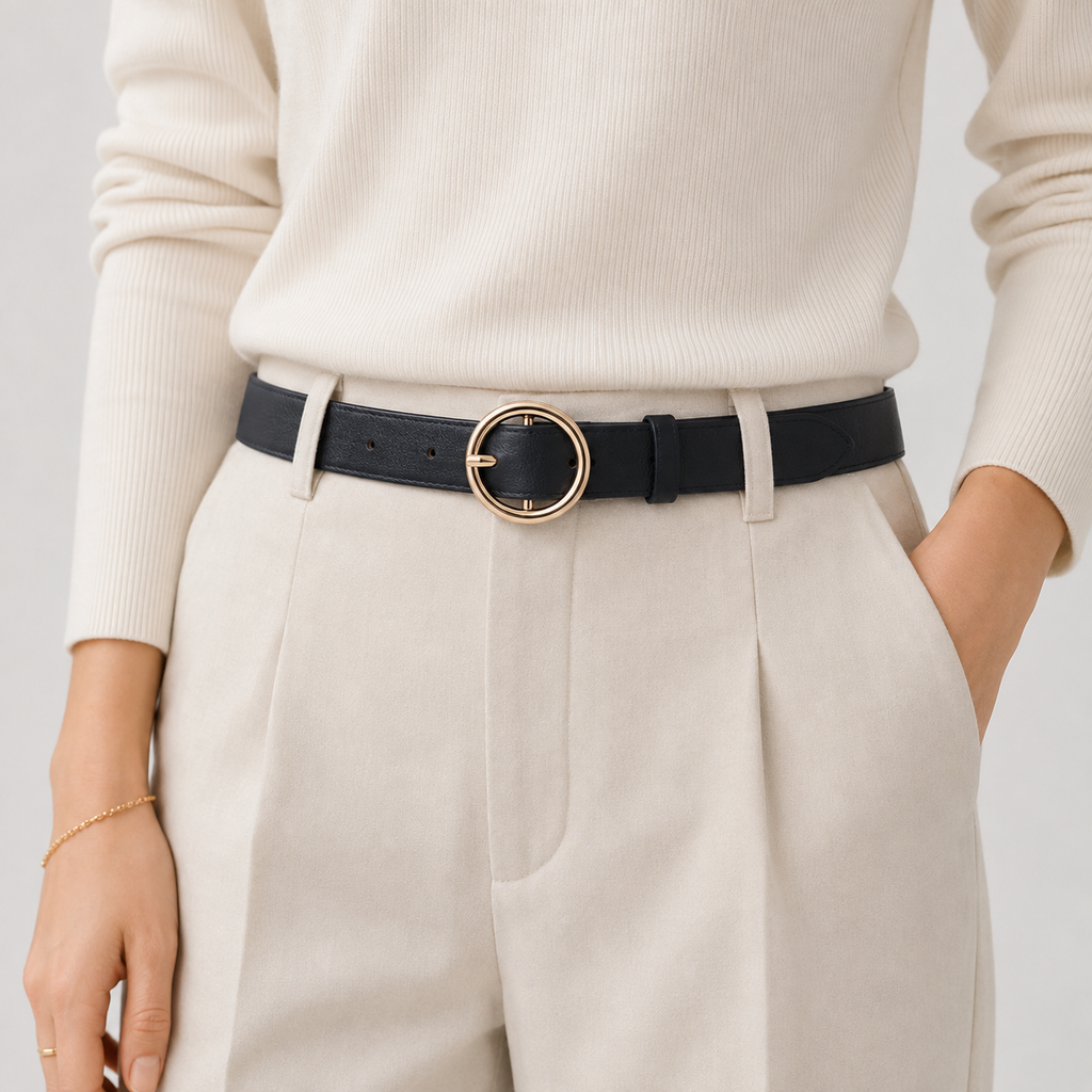 Ceinture Fine Femme 2,5 Cm En Similicuir À Boucle Ronde Noir portée Univers Ceinture