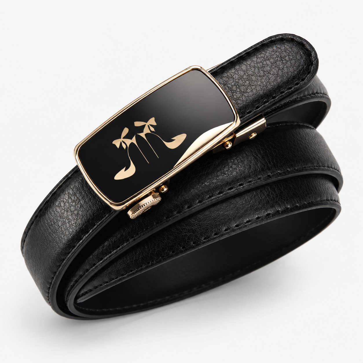 Ceinture Noire Femme Boucle Automatique Noir Et Doré motifs Talons Univers Ceinture