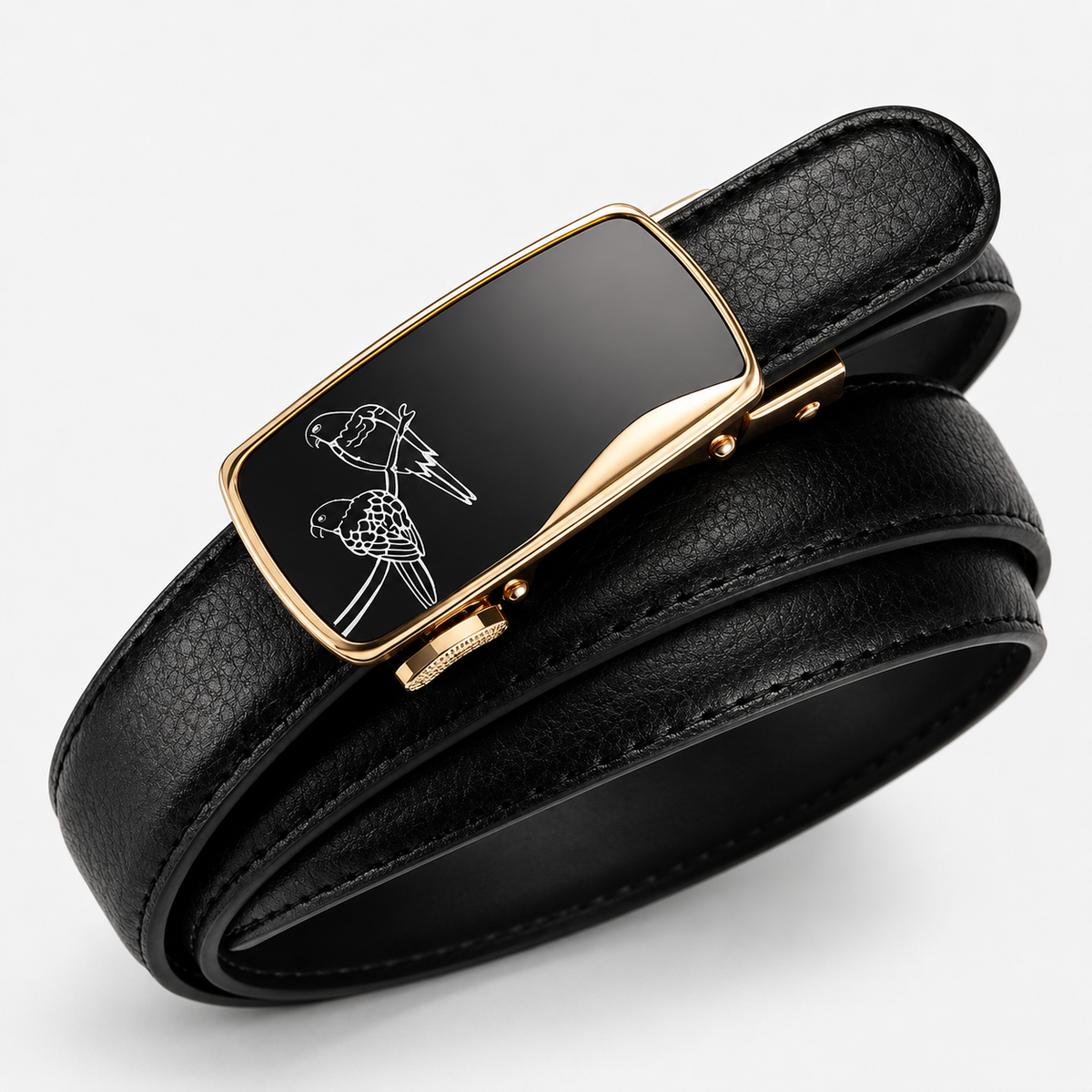 Ceinture Noire Femme Boucle Automatique Noir Et Doré motifs oiseaux Univers Ceinture