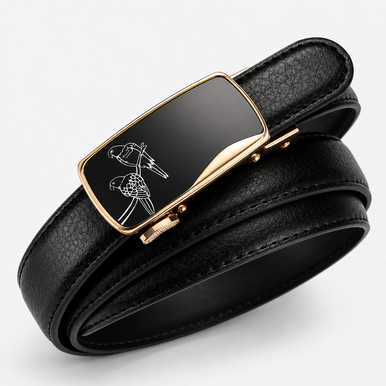Ceinture Noire Femme Boucle Automatique Noir Et Doré motifs oiseaux Univers Ceinture