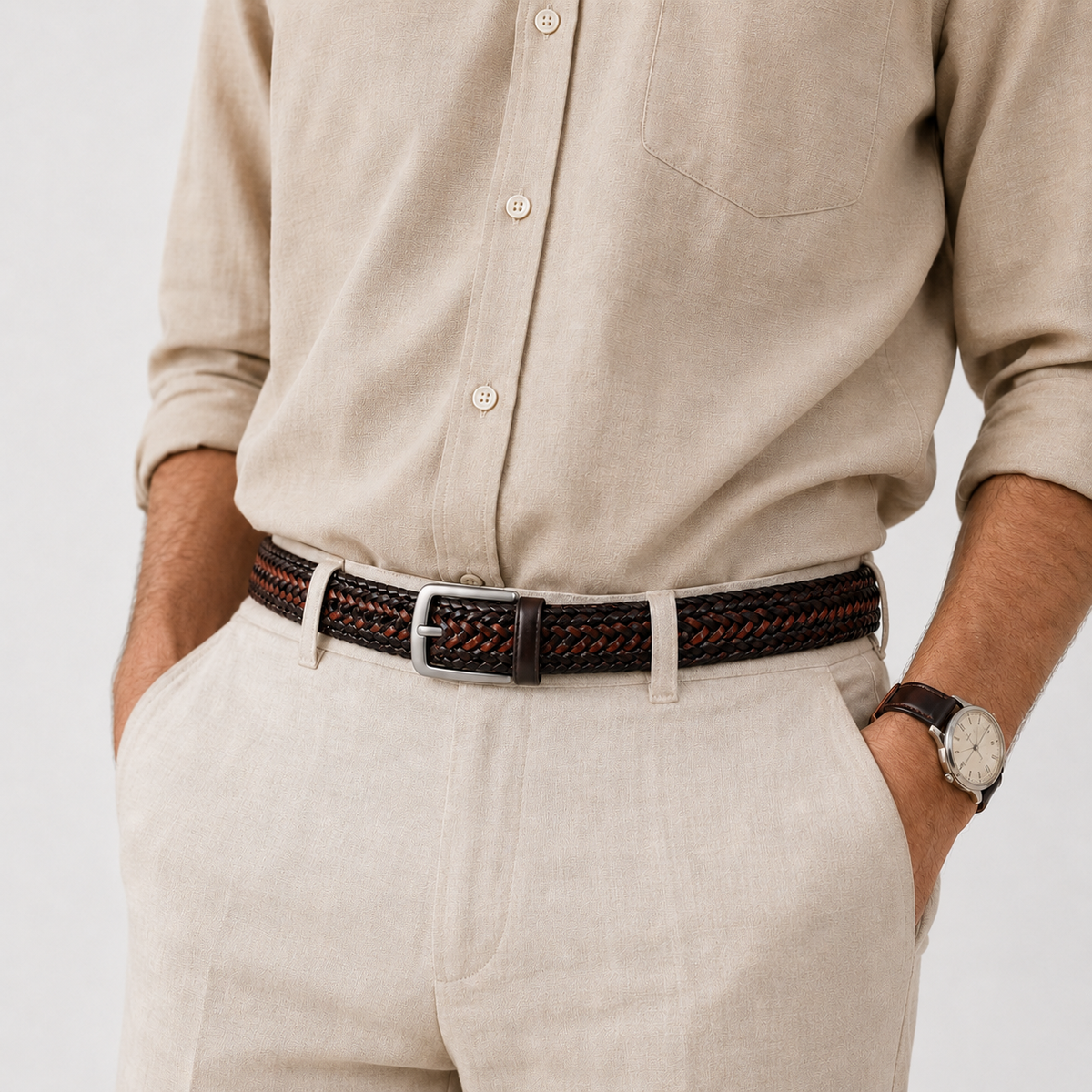 Ceinture Tressée En Cuir Véritable Camel portée Homme Univers Ceinture
