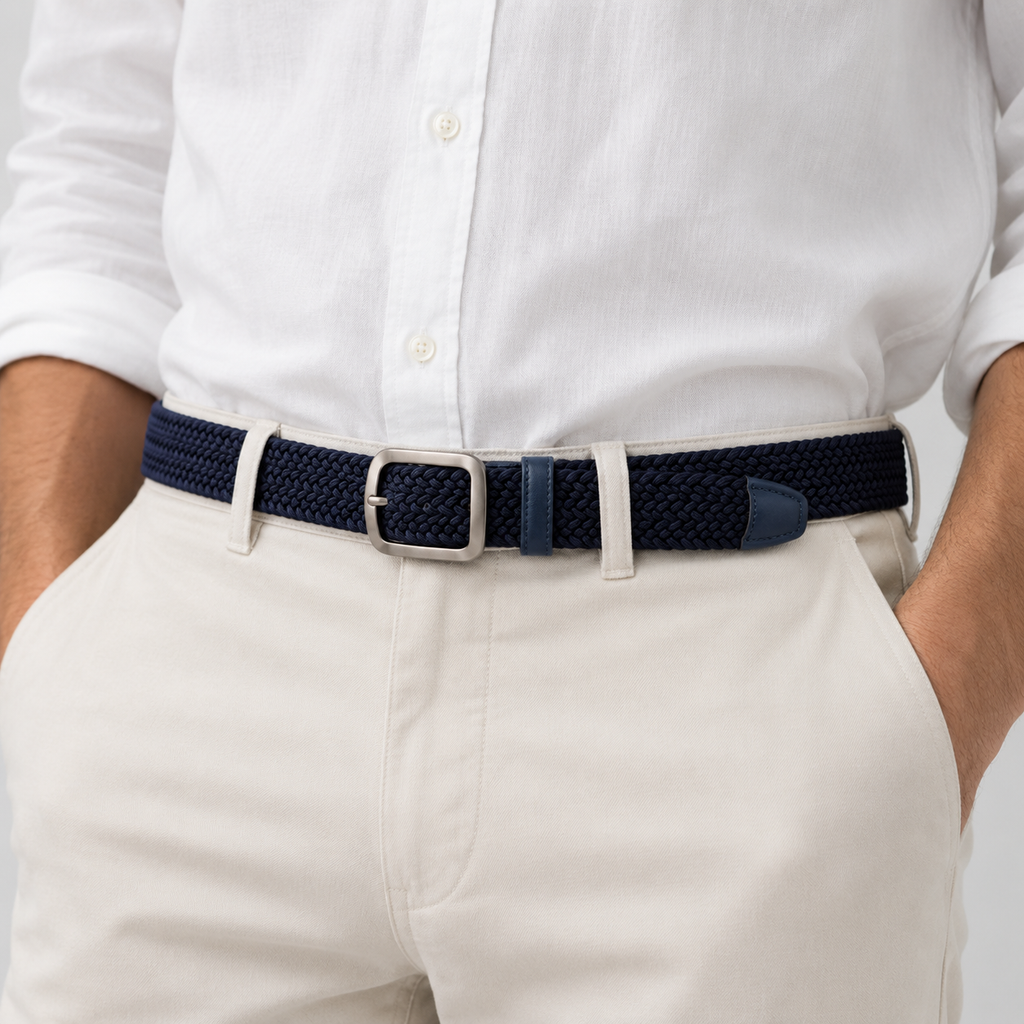 Ceinture Tressée Élastique En Polyester Bleu Marine portée Univers Ceinture