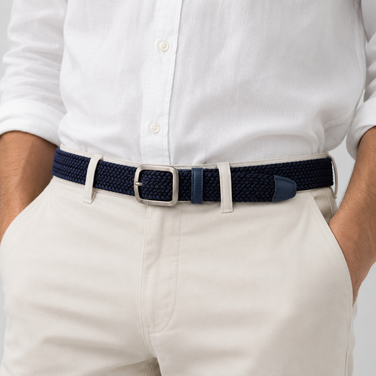 Ceinture Tressée Élastique En Polyester Bleu Marine portée Univers Ceinture