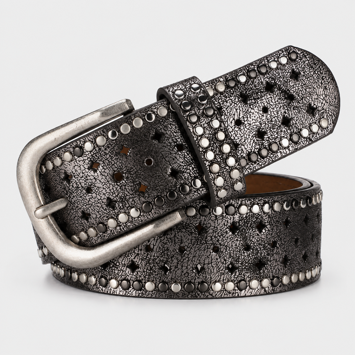 Ceinture Vintage Ajourée En Cuir À Rivets Grise Femme Univers Ceinture