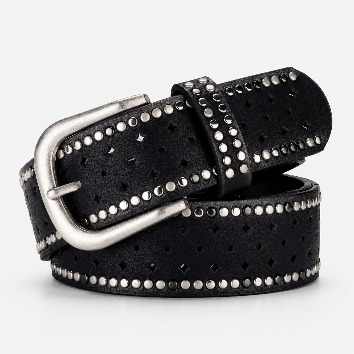 Ceinture Vintage Ajourée En Cuir À Rivets Noire Femme Univers Ceinture