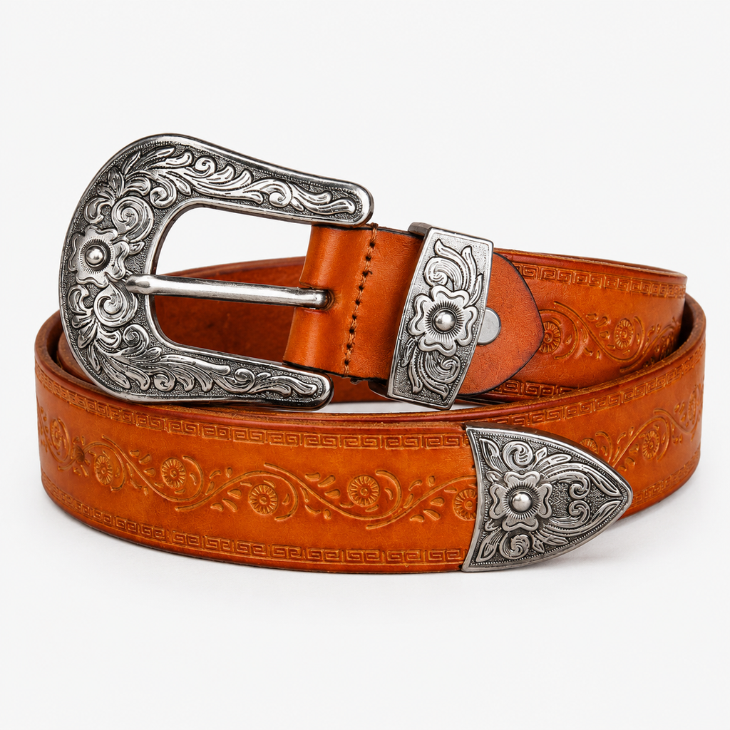 Ceinture Western En Cuir Caramel Embossé Style Unisexe Univers Ceinture