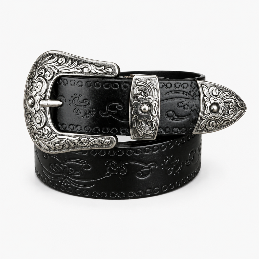 Ceinture Western En Cuir Noir Embossé Style Unisexe Univers Ceinture