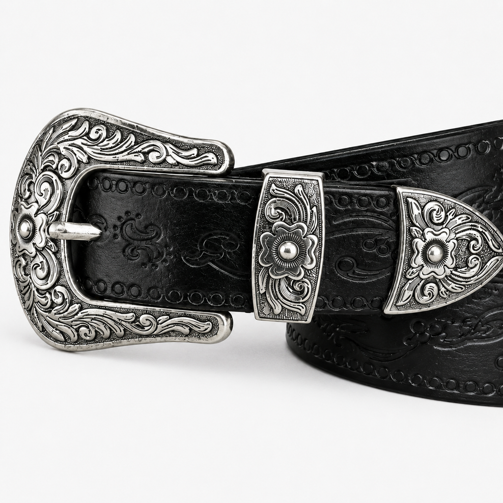 Ceinture Western En Cuir Noir Embossé Style Unisexe détails cuir Univers Ceinture