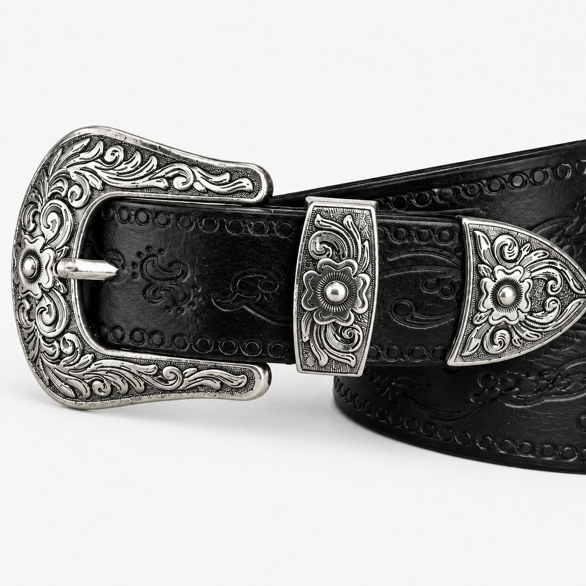 Ceinture Western En Cuir Noir Embossé Style Unisexe détails cuir Univers Ceinture