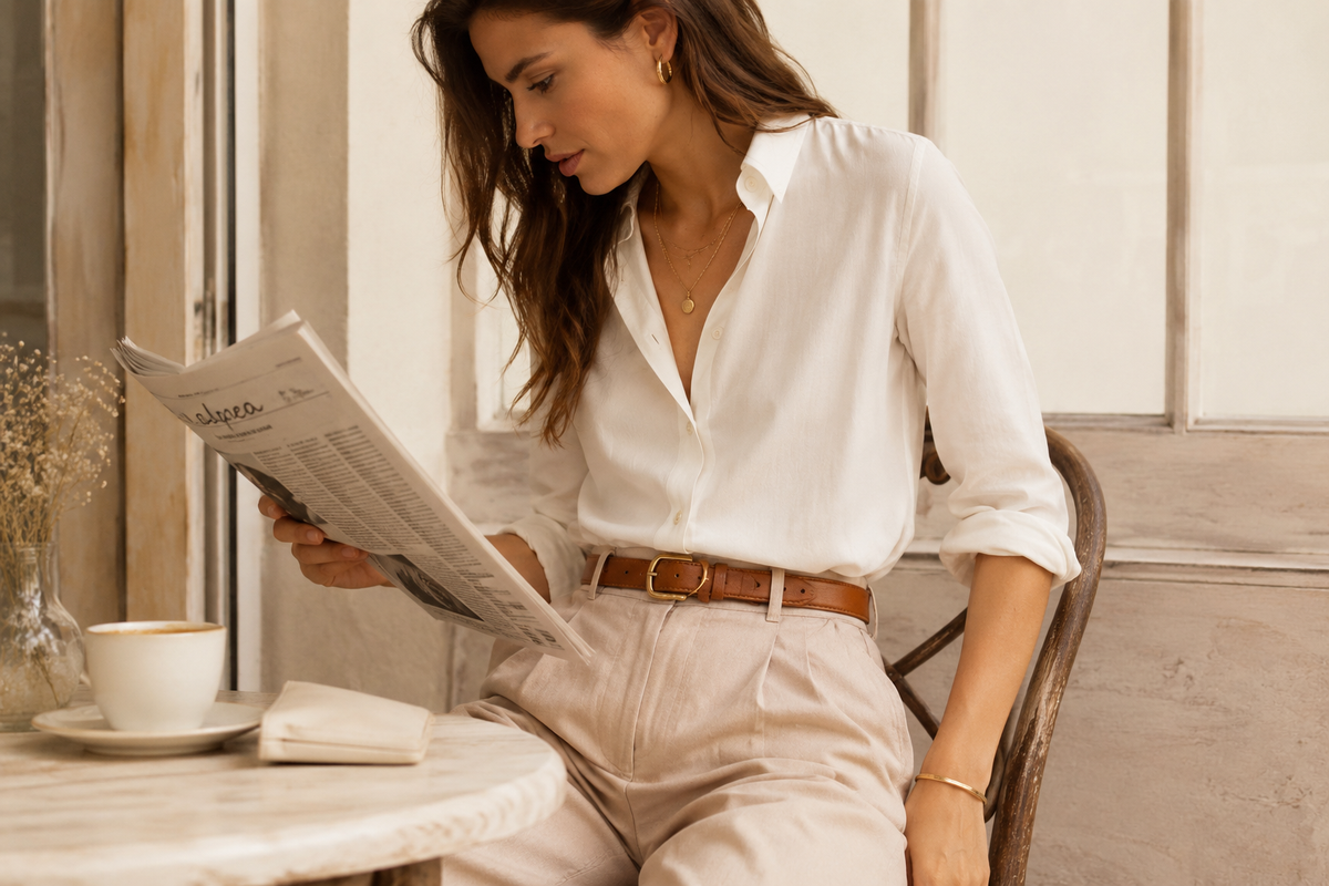 Ceinture en cuir femme marron portée avec un pantalon beige dans un intérieur élégant