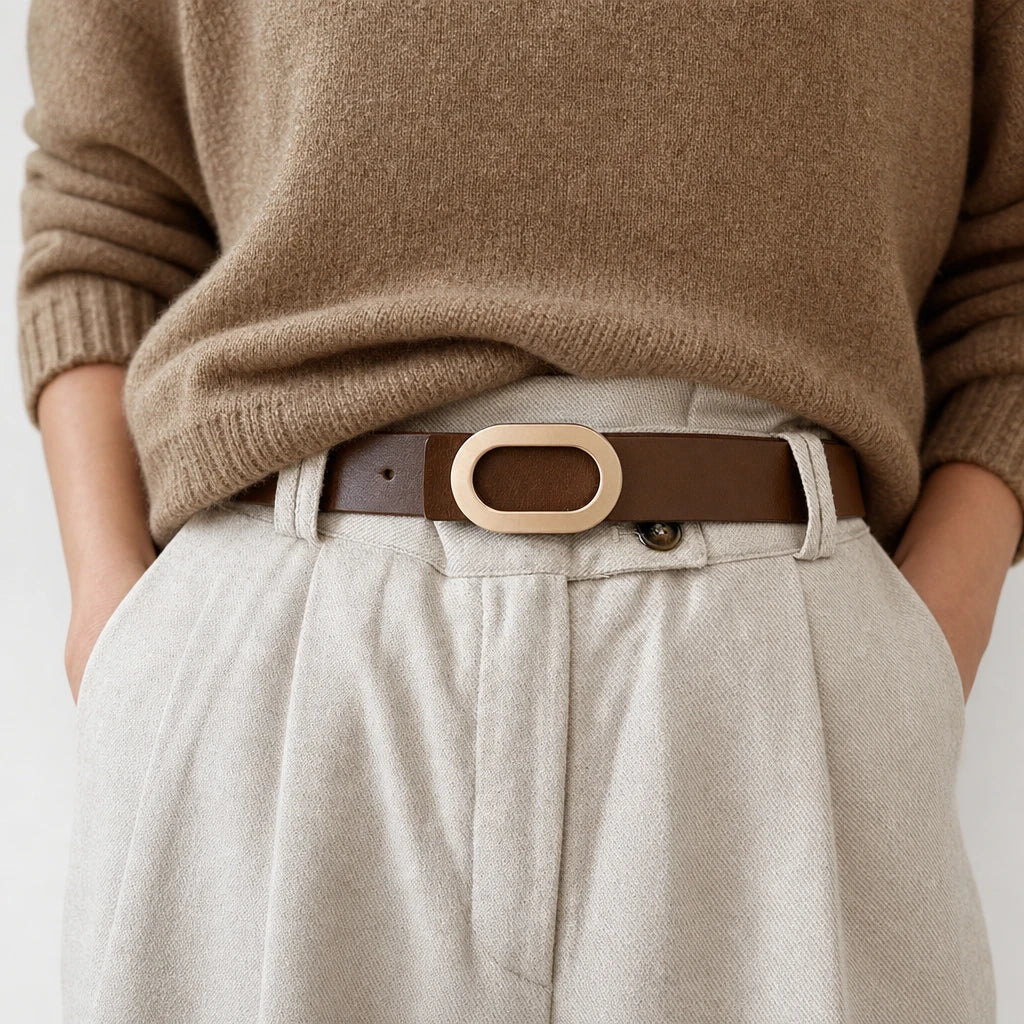 Ceinture En Cuir Boucle Ovale Marron