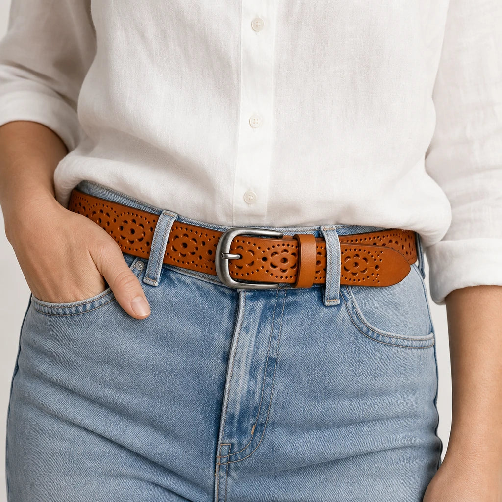 Ceinture Femme En Cuir De Vachette À Fleurs Ajourées