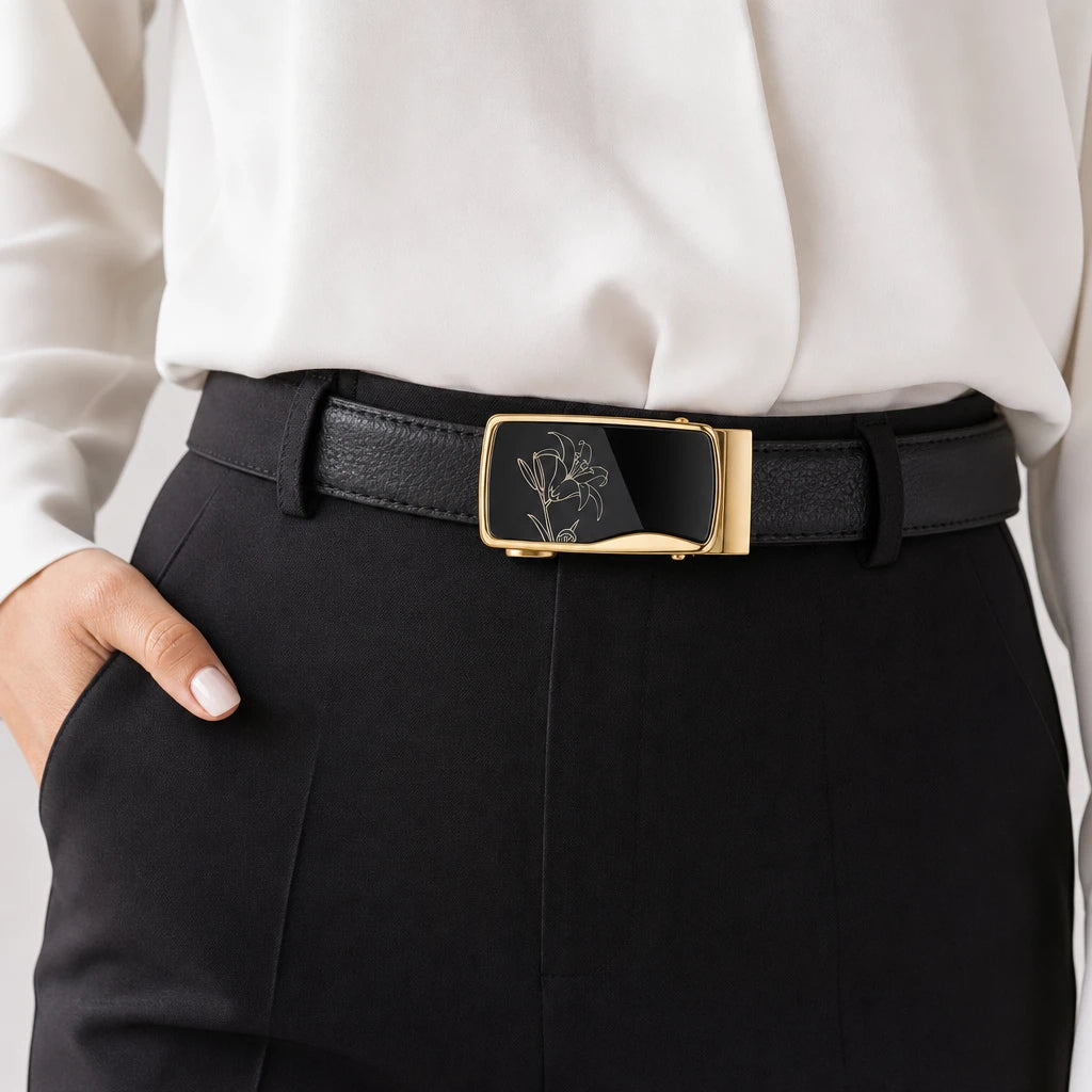 Ceinture Noire Femme Boucle Automatique Noir Et Doré
