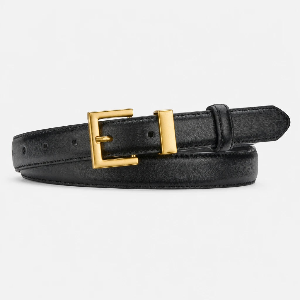 Ceinture Noire Femme En Similicuir À Boucle Carrée Dorée