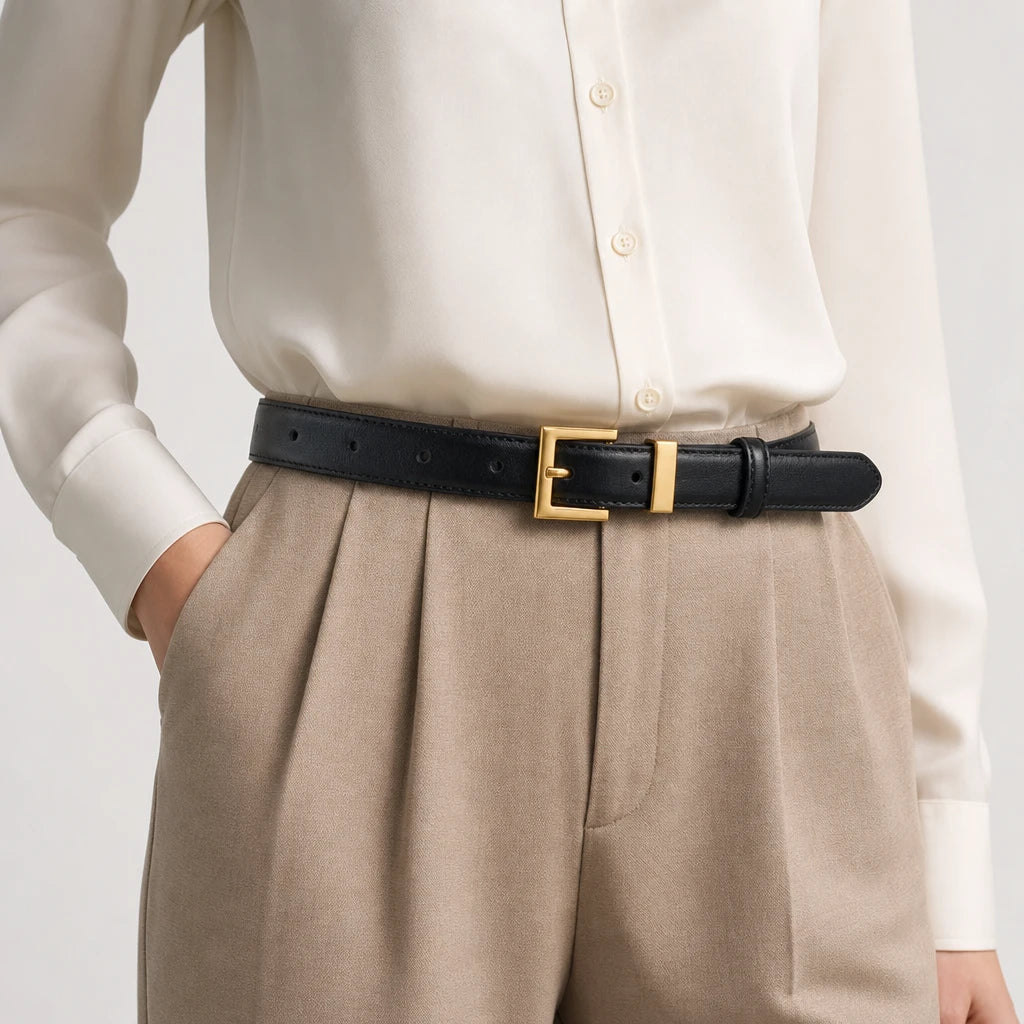 Ceinture Noire Femme En Similicuir À Boucle Carrée Dorée