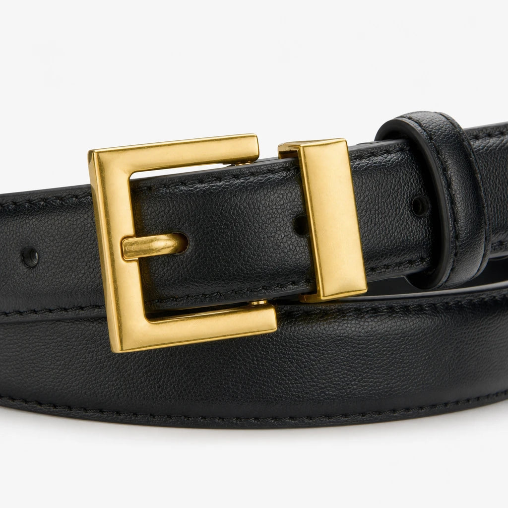 Ceinture Noire Femme En Similicuir À Boucle Carrée Dorée